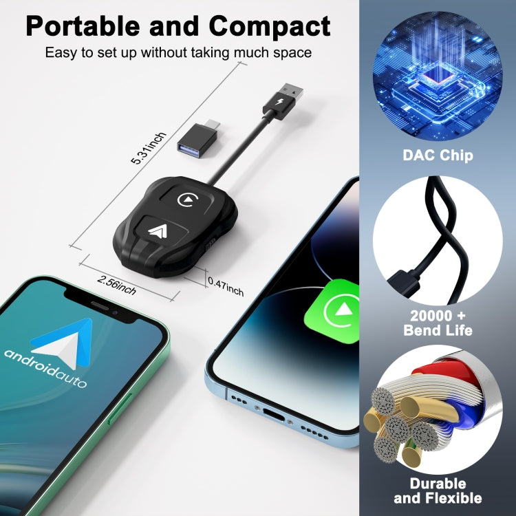 THT-020-9 USB + USB-C Wired to Wireless Carplay / Android device, compact and sleek design for seamless connectivity.